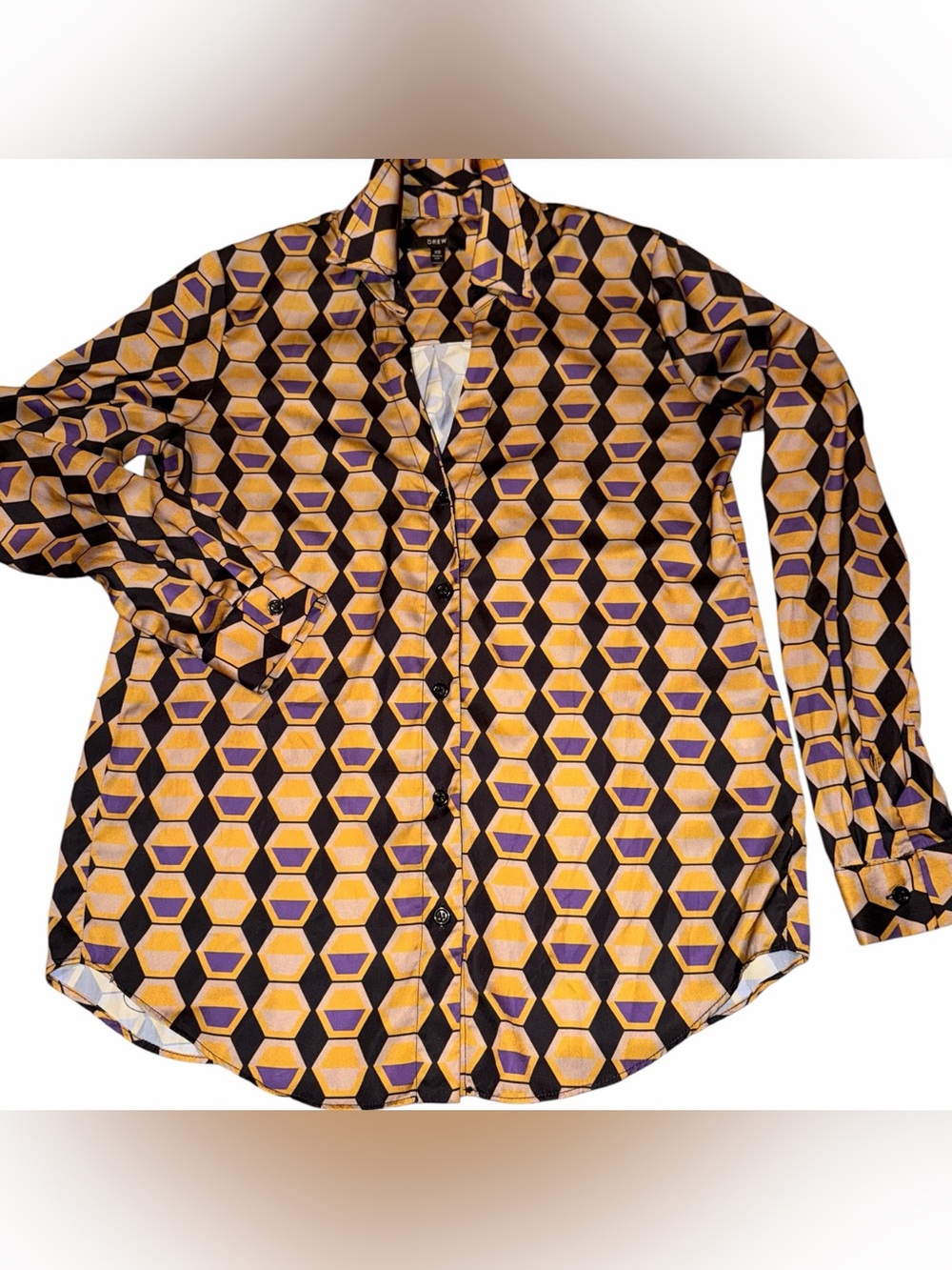 DREW Geometric Print Button-Up Blouse in Yellow & Purple